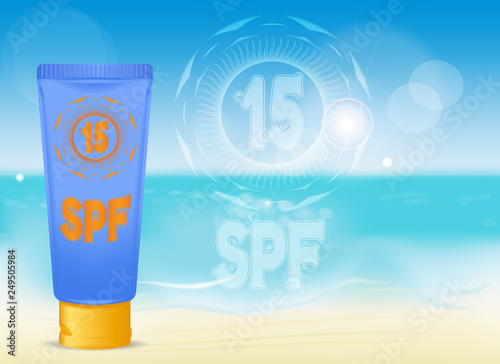 blue cream tube with yellow cap with SPF 15 symbol on the background of summer Sunny beach. cosmetics design pattern