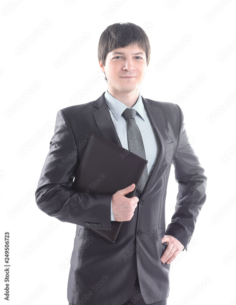 confident businessman with clipboard isolated on white background confident businessman with clipboard isolated on white background