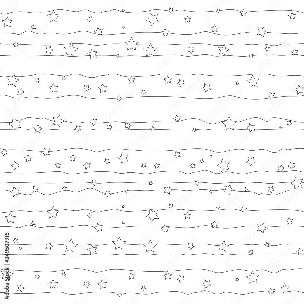 Obraz premium Seamless pattern with black wavy lines and stars on white background for decoration, poster, banner, greeting card, postcard, advertising, packaging, cover, fabric, textile, wrapping paper