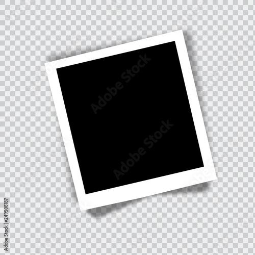 Old empty realistic photo frame with transparent shadow on plaid black white background. Polaroid border to family album. Make with gradient mesh tool photo