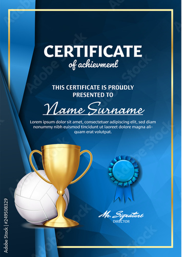 Volleyball Certificate Diploma With Golden Cup Vector. Sport Award Template. Achievement Design. Honor Background. A4 Vertical. Illustration