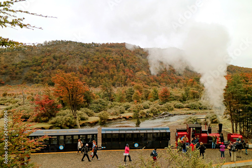 Passengers of "The End of the World Train" Getting off at Macarena Waterfall Station During the Excursion, Tierra del Fuego Province, Argentina