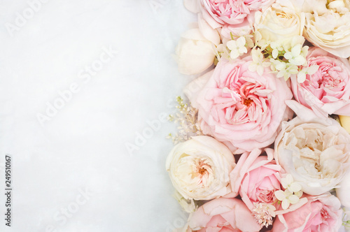 Fototapeta Naklejka Na Ścianę i Meble -  Summer blossoming delicate rose blooming flowers festive background, pastel and soft bouquet floral card, selective focus, toned	
