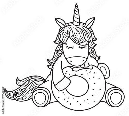 Vector cute unicorn cartoon eating donut, black silhouette for coloring.