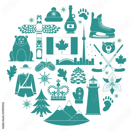 Silhouettes of famous Canadian symbols. Vector travel icons templates.