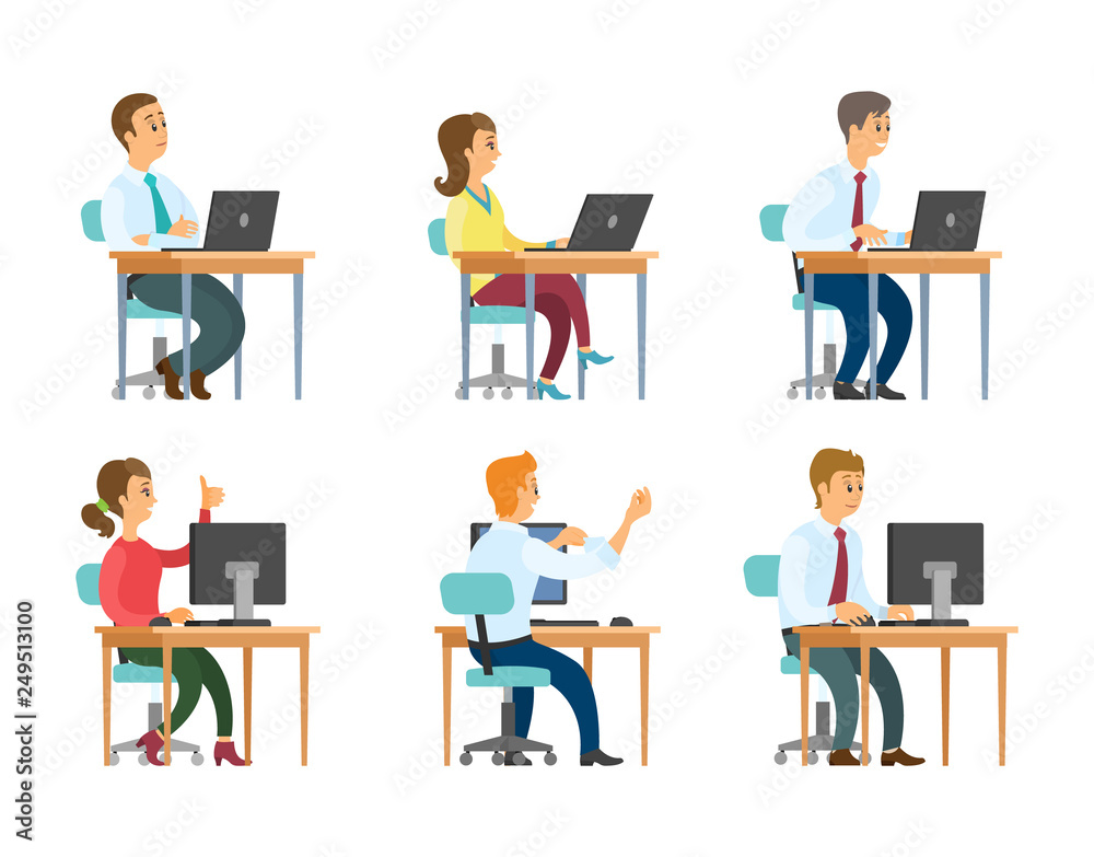 Office workers at computers and laptops, businessmen and businesswomen vector. Clerks and secretaries, managers or programmers isolated characters