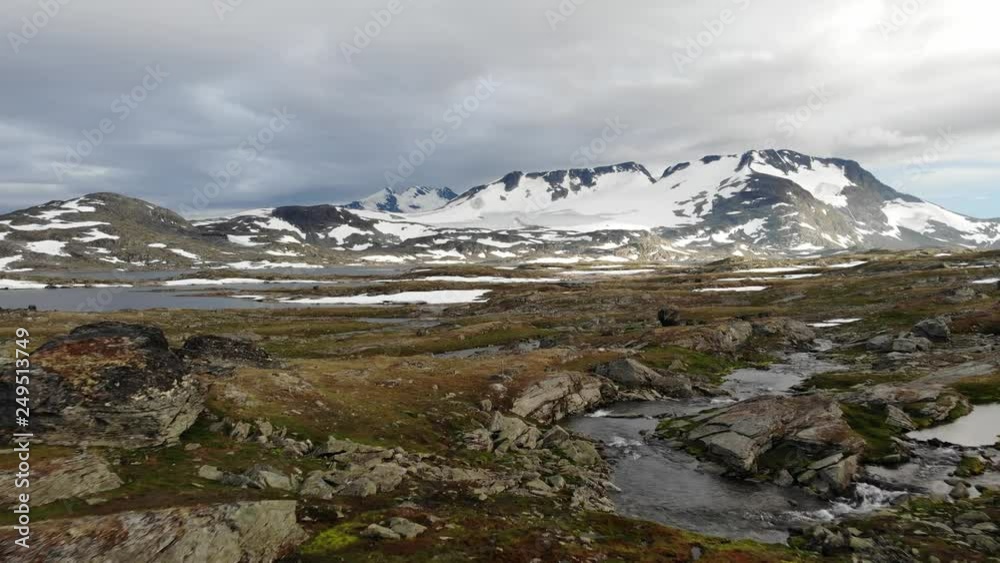 Mountain landscape  in summertime with snowy peaks and glaciers. National tourist scenic route 55 Sognefjellet between Lom and Luster, Norway
