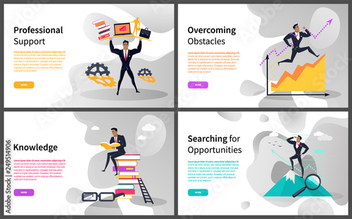 Business career building and growth online web pages vector. Professional support and overcoming obstacles, knowledge and searching for opportunities. Website template landing page in flat