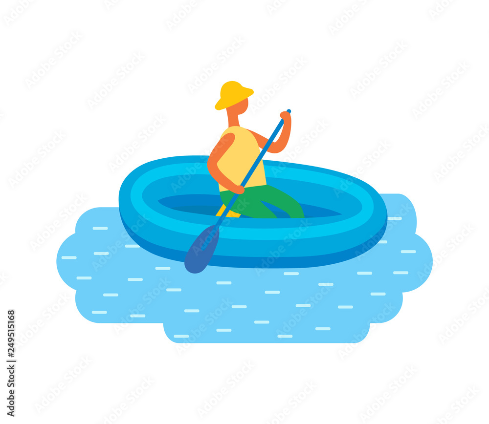 Man in hat swimming on inflatable rubber boat in sea or river isolated vector. Cartoon style person in flat design on craft with oar, male resting on water Man in hat swimming on inflatable rubber boat in sea or river isolated vector. Cartoon style person in flat design on craft with oar, male resting on water