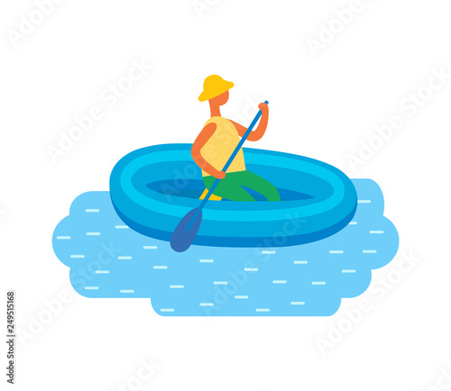 Man in hat swimming on inflatable rubber boat in sea or river isolated vector. Cartoon style person in flat design on craft with oar, male resting on water