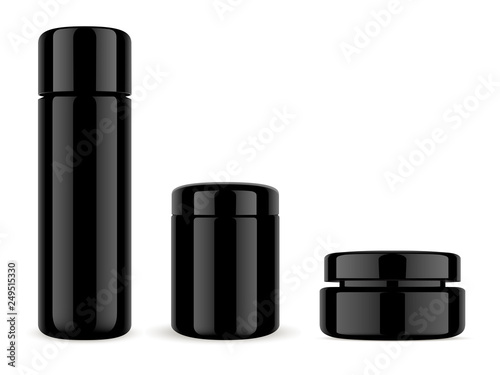 Black Glass Cosmetic Packaging. Premium ShinyBottle and Jar Mockup for Shampoo, Gel, Cream. 3d Container Pack. Bathroom Shower Collection: Scrub, Lotion, Powder. Beauty Medical Canister.