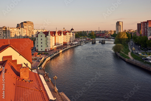 Russia. Kaliningrad. View from the observation deck of the lighthouse at the Fish Village and the Jubilee Bridge