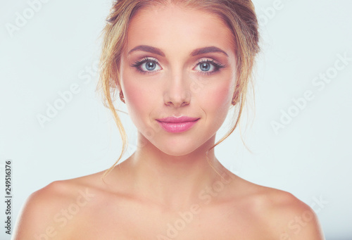 Portrait of beautiful woman on white background .