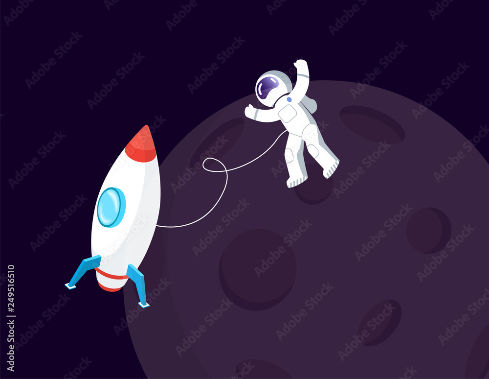 Spaceman in spacesuit and spaceship near Moon vector. Space or cosmos, cosmonaut or astronaut in weightlessness and spacecraft, Earth natural satellite Spaceman in spacesuit and spaceship near Moon vector. Space or cosmos, cosmonaut or astronaut in weightlessness and spacecraft, Earth natural satellite