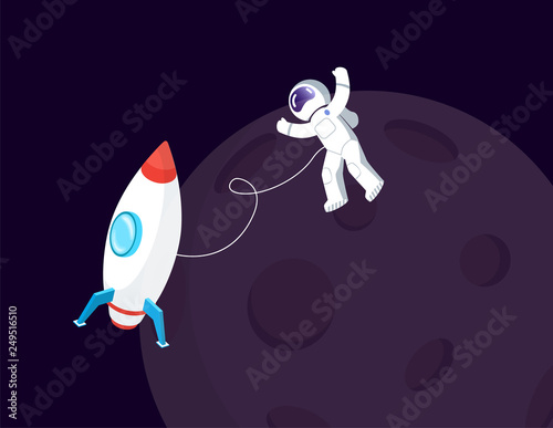 Spaceman in spacesuit and spaceship near Moon vector. Space or cosmos, cosmonaut or astronaut in weightlessness and spacecraft, Earth natural satellite