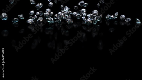 UHD 3D animated slow motion of the shining diamonds falling onto reflecting black surface