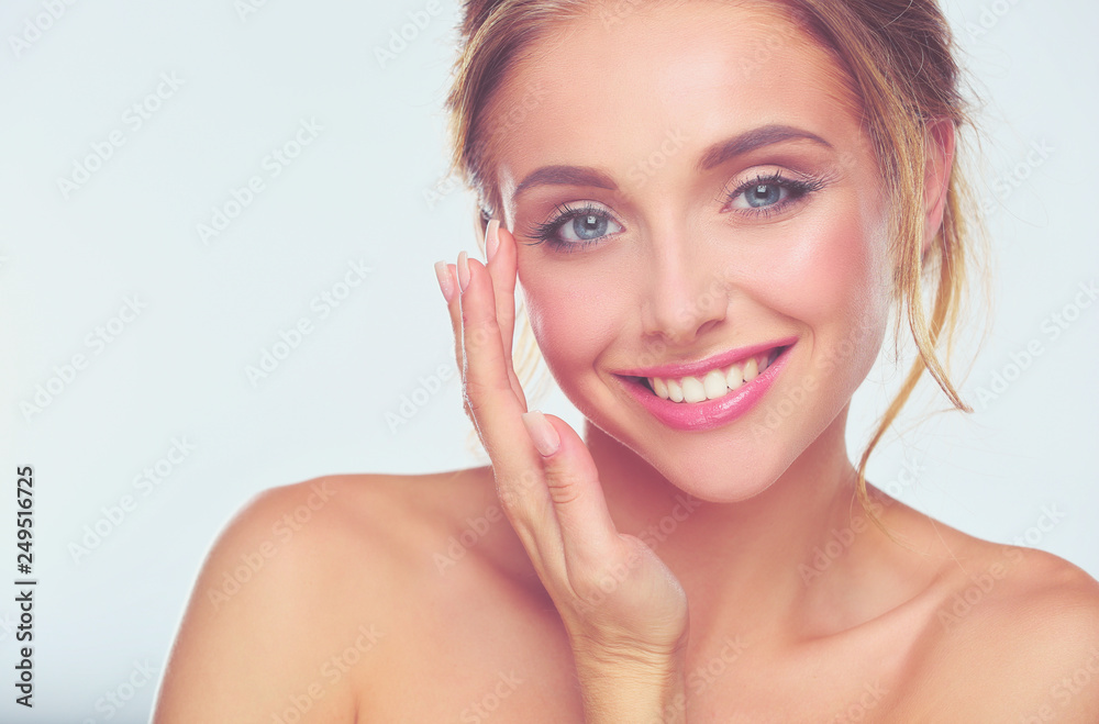 Portrait of beautiful woman on white background . Portrait of beautiful woman on white background .