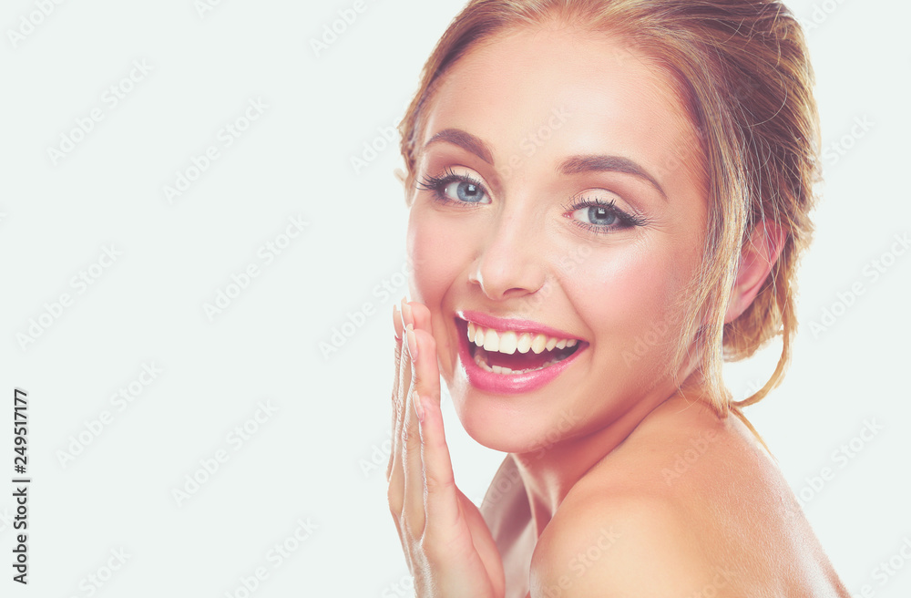 Portrait of beautiful woman on white background . Portrait of beautiful woman on white background .