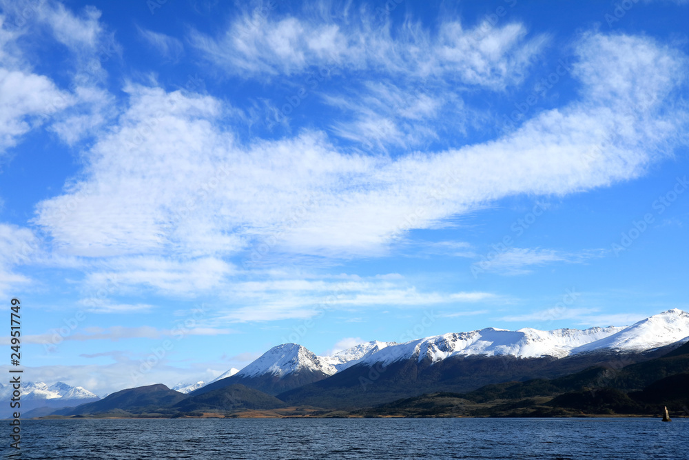 Stunning View of Snow Capped Mountain Ranges along the Beagle Channel, Ushuaia, Tierra del Fuego Province, Argentina
