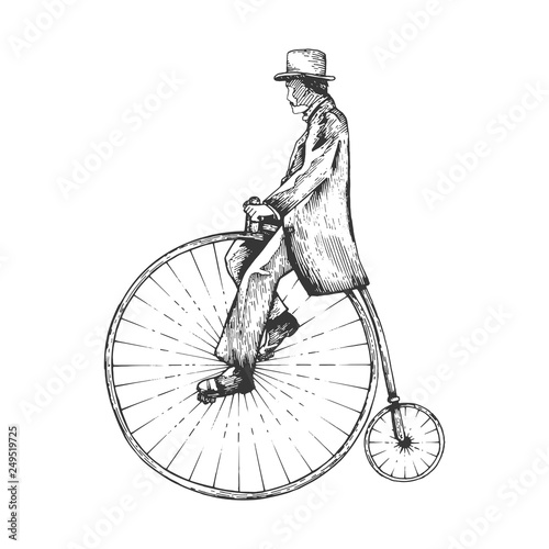 Man on retro vintage old bicycle sketch engraving vector illustration. Scratch board style imitation. Hand drawn image.