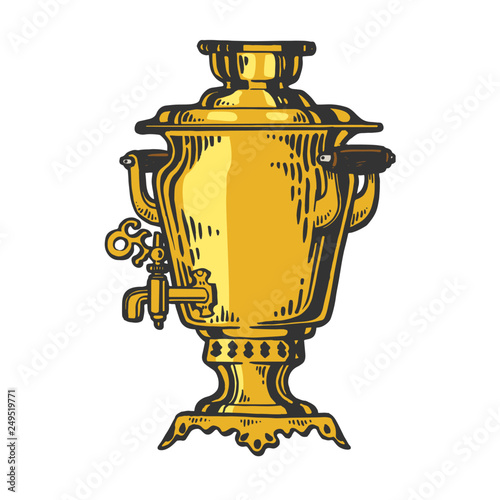Samovar russian water tea boiler color sketch engraving vector illustration. Scratch board style imitation. Hand drawn image.