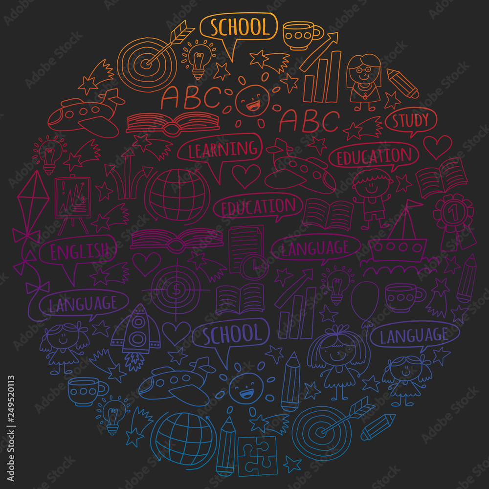 Vector set of learning English language, children's drawing icons in doodle style. Painted, colorful, gradient pictures on a piece of paper on blackboard.