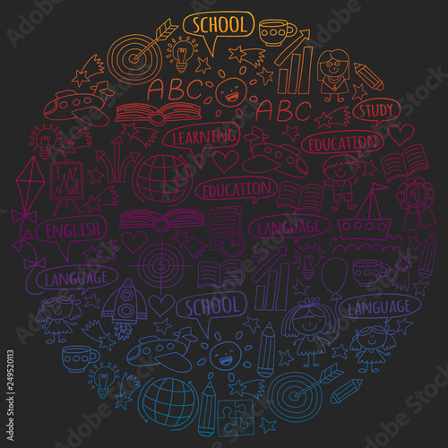 Vector set of learning English language  children s drawing icons in doodle style. Painted  colorful  gradient pictures on a piece of paper on blackboard.