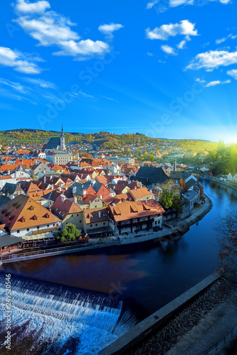 Beautiful sunset over historic centre of Chesky Krumlov old town in the South Bohemian Region of the Czech Republic on Vltava River. UNESCO World Heritage Site