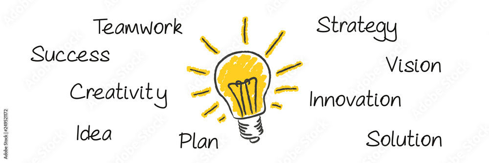Light Bulb hand drawn on whiteboard with motivational words - teamwork success creativity plan idea strategy vision innovation solution - obrazy, fototapety, plakaty 