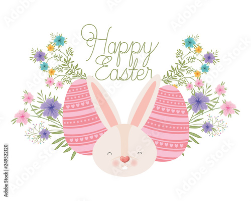 happy easter label with eggs and flowers icon