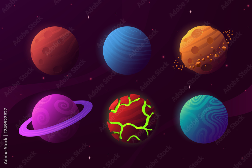 Set of planets in cartoon style isolated on space background. Colorful fantastic planets with different textures. Celestial body collection. Decoration for your design. Vector eps 10.