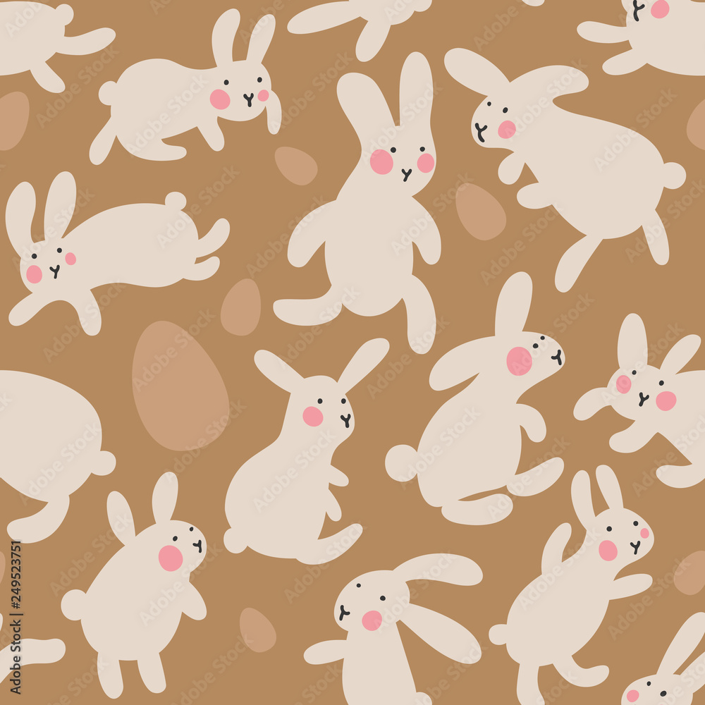 Fototapeta premium Seamless vector pattern with eggs and rabbits on brown background. Hares jump all around and collect Easter eggs. Kawaii pattern for little kids, gifts, interior and easter goods. Hello Easter day