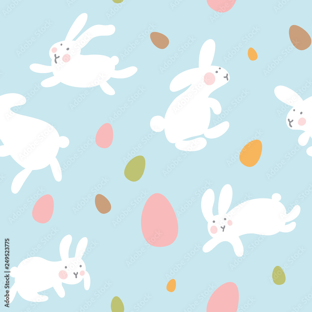 Seamless vector pattern with eggs and rabbits on light blue background. Hares jump all around and collect Easter eggs. Kawaii pattern for little kids, gifts, interior, easter goods. Hello Easter day Seamless vector pattern with eggs and rabbits on light blue background. Hares jump all around and collect Easter eggs. Kawaii pattern for little kids, gifts, interior, easter goods. Hello Easter day