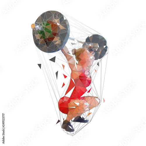 Weightlifting, woman lifting big barbell, low poly vector illustration, side view