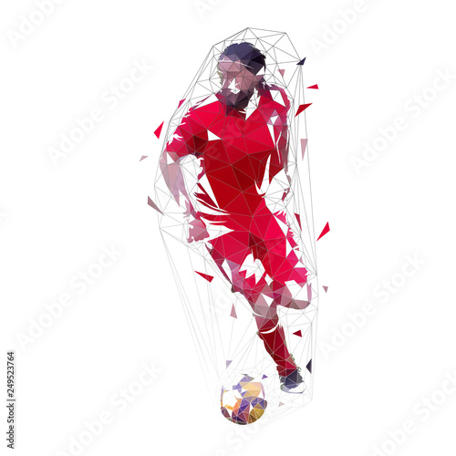 Soccer player in red jersey running with ball, front view. Geometric low poly vector illustration