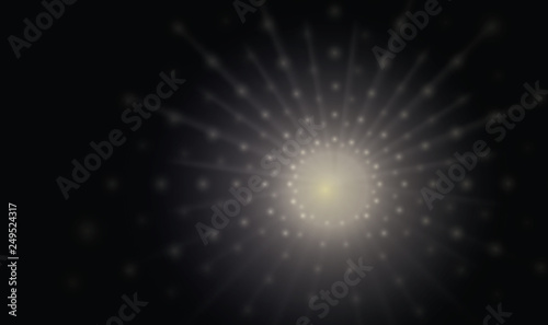 Vector black abstract background with a golden flash or explosion and diverging golden rays.