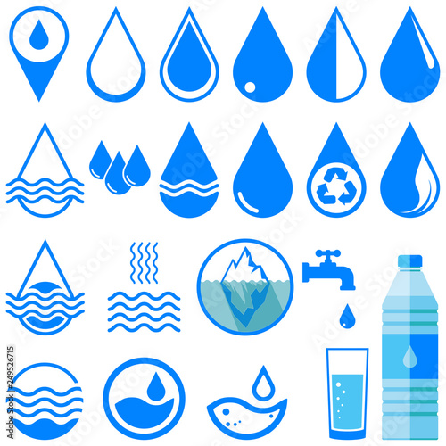 Water logo, icon set. Water drop, waves, faucet, iceberg, glass, bottle, map pointer. Blue. Vector illustration.