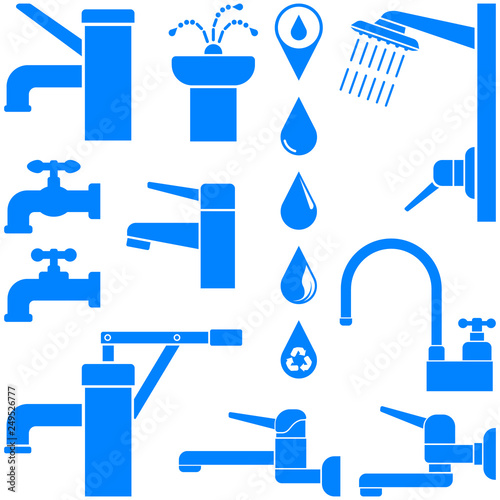 Water faucet, shower, fountain, old water pump, water drop. Set of icons. Blue. Vector illustration.