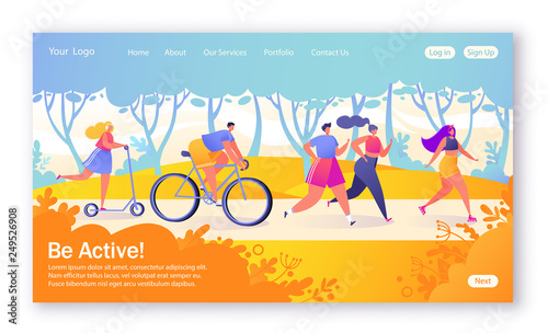 Concept of landing page on healthy lifestyle theme. Active people sports. Happy characters riding bicycle, couplerunning, woman on pushscooter. Healthy lifestyle concept for mobilewebsite, web page. photo