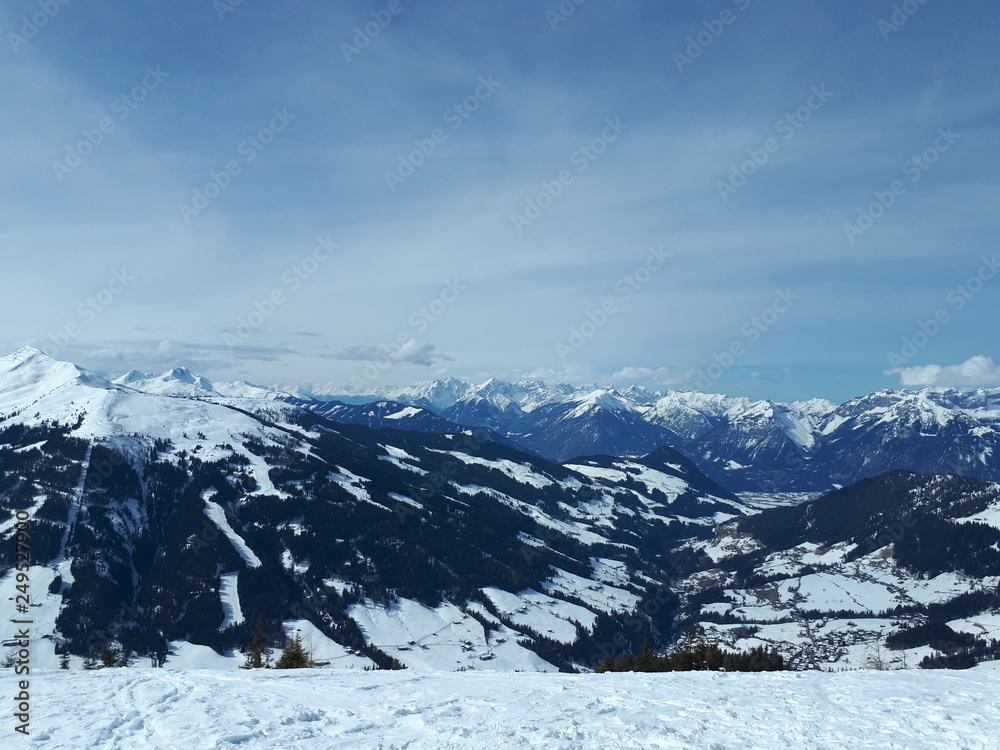 alpine landscape mountains blue sky snow white