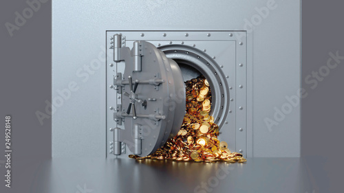 Bank vault door opening revealing a golden coin.