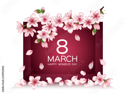 8 March Happy Women's Day vector card. Japanese cherry blossom pink sakura flowers frame. Delicate greeting card with sakura branch tree flowers bloom. March 8th international womens day design.