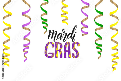 Mardi Gras greeting Bright Colorful serpentine Set and hand made lettering isolated on white. Falling particles for Carnival, Mardi Gras, Holiday decoration.