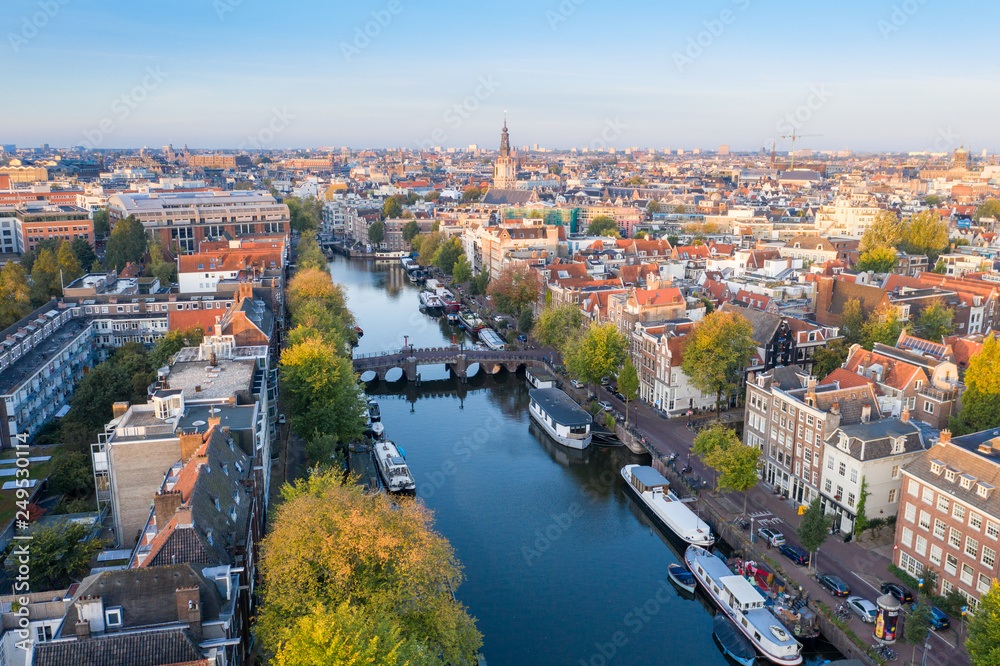 Panoramic aerial view of Amsterdam, Netherlands. View over historic part of Amsterdam