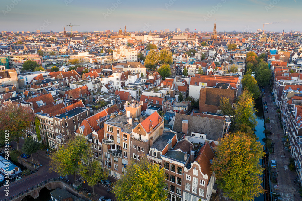 Foto Stock Panoramic aerial view of Amsterdam, Netherlands. View over  historic part of Amsterdam | Adobe Stock