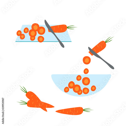 Slicing carrot by knife. Hand drawn flat design