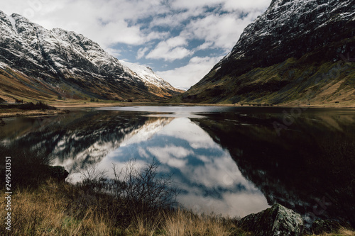 Loch Achtriochtan reflections winter snow mountain landscape in Glencoe Scotland. photo