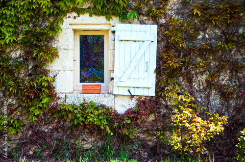 One white window with white shutter and empty flower pot