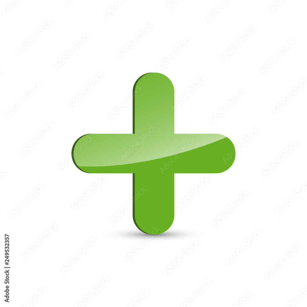 Glossy green plus sign, positive symbol on white background Glossy green plus sign, positive symbol on white background
