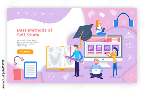 Best methods of self study online education web page vector. Student typing home assignment, laptop with screen of home tasks, smartphone earphones